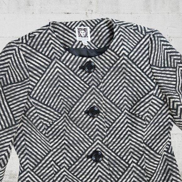 Anne Klein Black Tweed Retro Diamond Single Breasted Cropped Blazer Size 2P - Picture 3 of 11